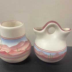 VTG Gaynor Signed Pottery Southwest Scene Handpainted Desert LandscapeSugar Bowl & Creamer
