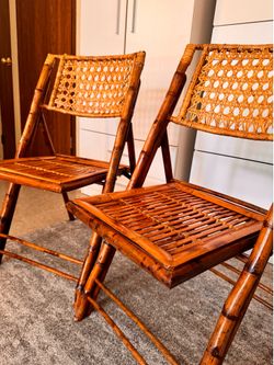 Vintage Boho Chic Tortoise Shell Bamboo Rattan Fold-Up Dining Chair