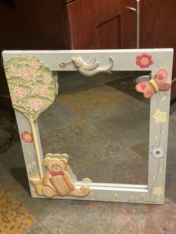 Vintage Home Interiors Kids Bedroom/Playroom Mirror with Teddy Bear and Butterfly 24” x 20” Good condition but some minor wear