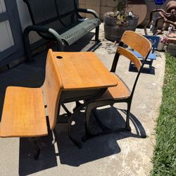 Vintage Wood School Student Desk With Attached Cast iron Frame With Chair