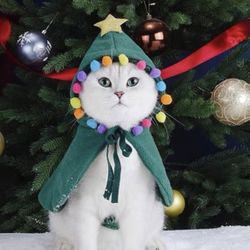 Green Cat Dog Christmas Outfit Cape, Santa Christmas Cat.  (H)