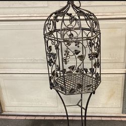 50” Tall Wrought Iron Metal Standing Birdcage Candle Or Plant Holder. Amazing Grapes & Ivy Vines Design. Vintage Art, Like New!l