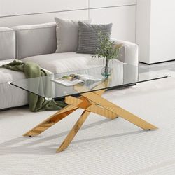 Rectangle Modern Coffee Glass Table, Coffee Center Table Tempered Glass Top and Gold Plated Metal Leg for Living Room Home Office