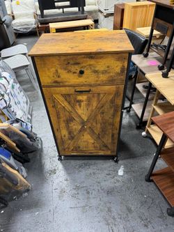 13-Gallon Tilt Out Trash Can Cabinet, Wooden Trash Bin Cabinet with Drawer, Pet-Proof Hidden Trash Storage with Wheels for Kitchen & Living Room, Rust