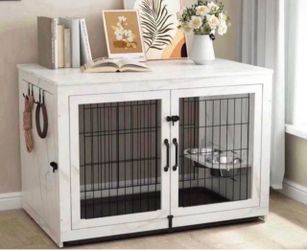 Wooden Dog Crate Furniture with 360°Rotatable Removable Dog Bowls, Dog Crate End Table with Tray, Double Doors Dog Kennels for Dogs