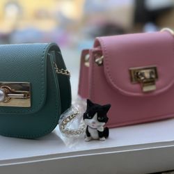 Set Of 2—1 Mini Pink And 1 Mini Teal Green Purse/Crossbody Bag/Gold Tone Hardware- NWT- Classy And Cute