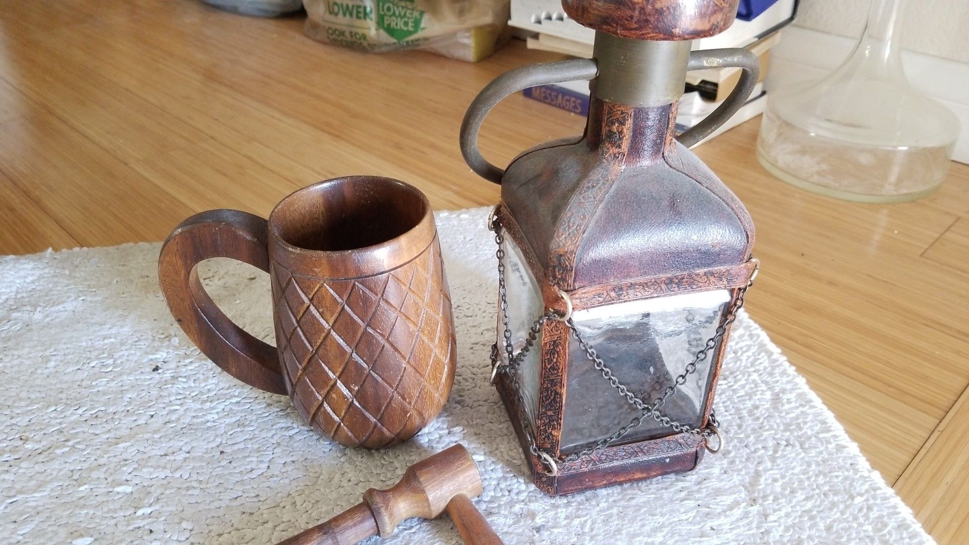 Wooden Mug & Antique Whisky Bottle