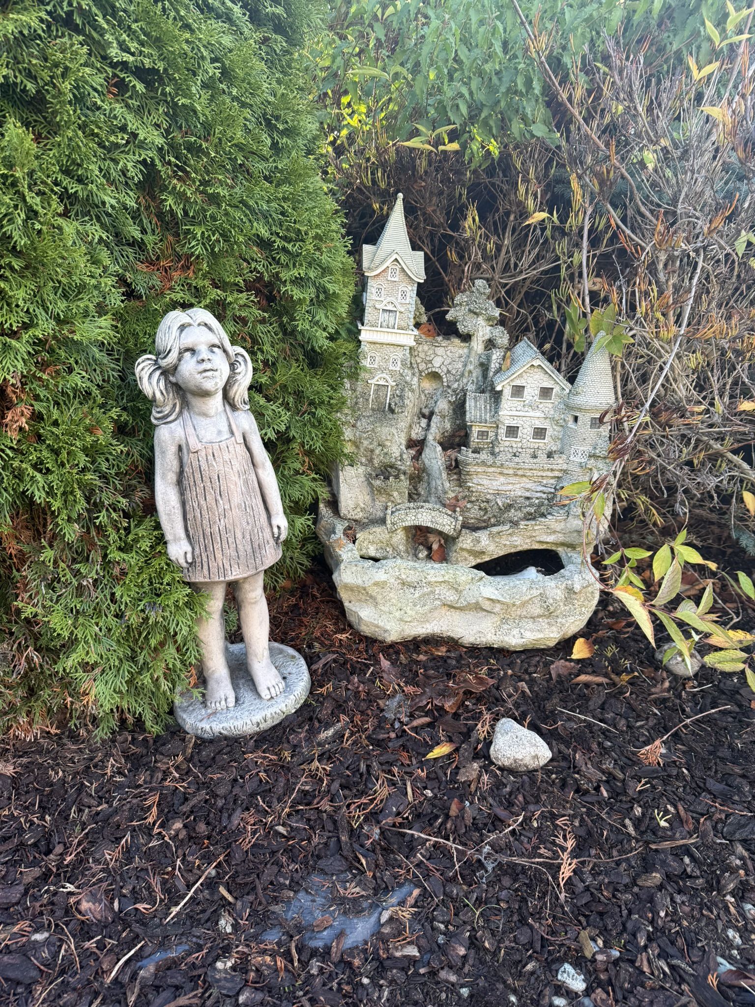 Garden Statue, Little Girl And Garden Fountain