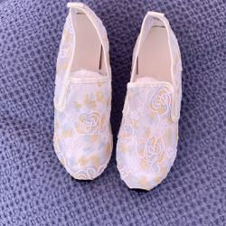 Shakumy Sandals for Women Dressy Summer,Women's Lace Slip on Round Toe Wide Width Flat Loafers Thick Sole Nurse Travel Shoes