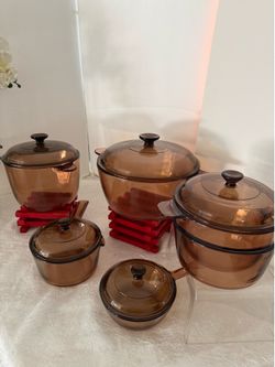 Vintagew Corning Visions Glass Cookware Visionware Amber Brown 11 Pieces Visions Saucepans Skillets