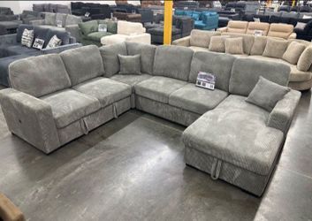 XL sectional sofa with pull-out bed & double storage grey Corduroy