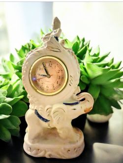 Vintage Elephant Clock White/Gold/ Blue Lucky Trunk Up Clock works