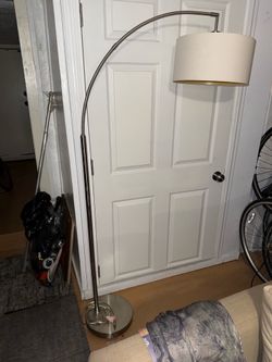 Modern Arc Floor Lamp Standing Metal White Linen Drum Shade