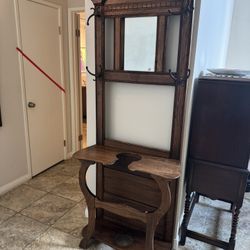 Vintage Solid Wood Hall Tree – Mirror, Hooks, Umbrella Stand – Excellent Condition