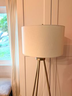 Mid-Century Modern Brass Tripod Floor Lamp w/ Shade – 59.5” Tall