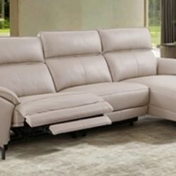 Brand New Beige Top Grain Leather Power Reclining Sectional Sofa