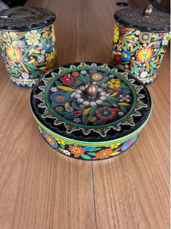 Vintage Daher Decorated Tin Set - 3pc Floral Canister & Box Lot (England & Holland)