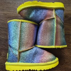 UGG Rainbow Glitter Yellow Sole Classic Short Shearling Fur Lined Kids Sz 9
