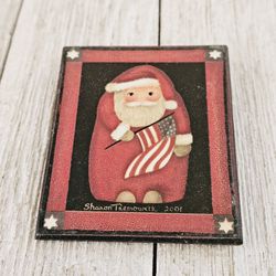 Vintage 2.25"×1.75" Wooden Handpainted Santa Claus Holding US Flag Lapel Pin Brooch. Unknown Signature Dated 2001. Father Christmas Fashionable Costum
