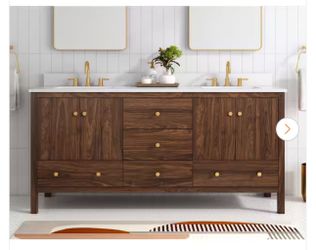 Rory 72 in. Double Sink Freestanding Bathroom Vanity in Walnut with White Engineered Marble Top (Assembled)