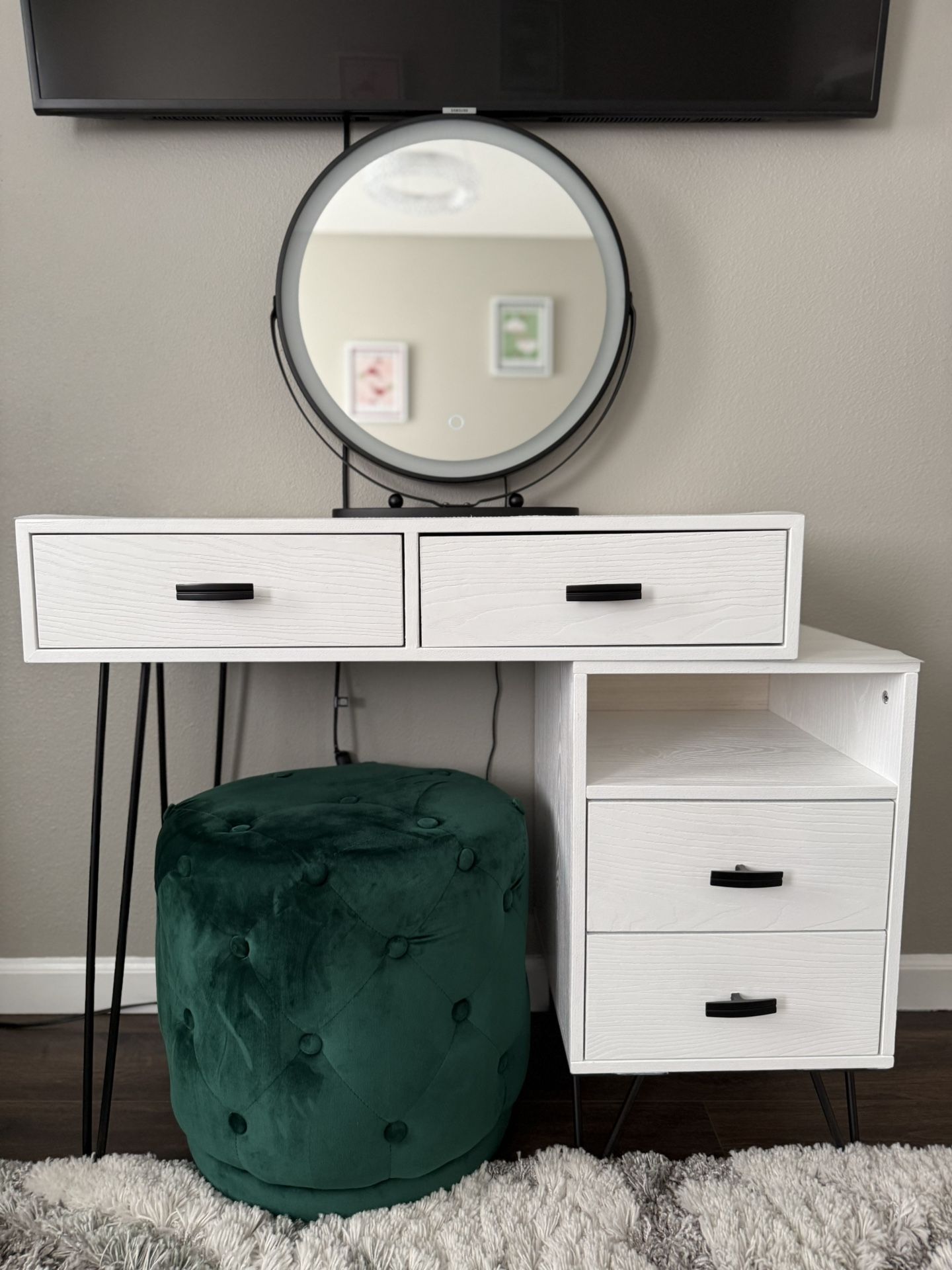 White Vanity Desk w/ LED Light Mirror & Green Velvet Stool – Great Condition