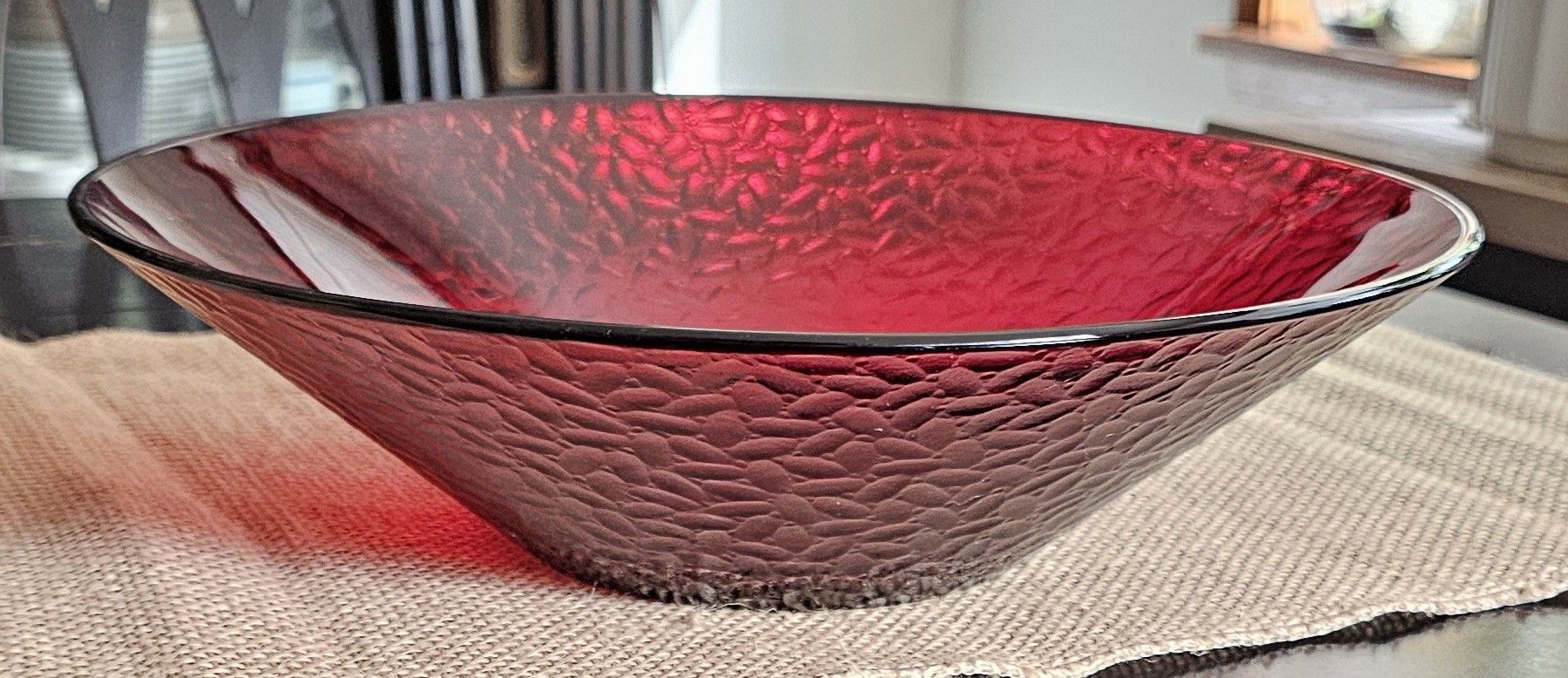 1960s Arcoroc Vercors Ruby 12.25" Large Textured Glass Serving Bowl