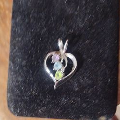.925 Silver Heart Pendant with  Real Colorful Gemstones