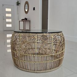 Round Coffee Table-Rattan With Glass Top
