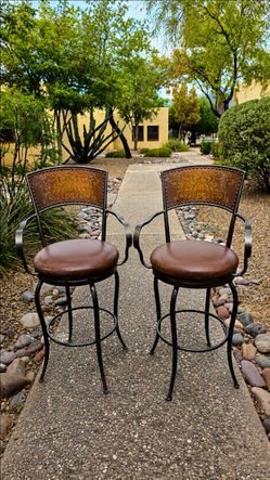Set of 2 Ornate Metal & Leather Bar Stools – Swivel
