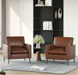 Set of 2 brown faux leather Accent Chairs wide comfy chairs for living room, office space