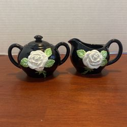 Vintage Fitz & Floyd Rose black sugar and creamer Black White Rose Cameo Hand Painted B35