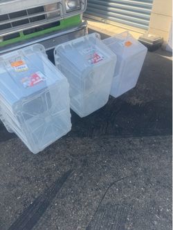 Hi everyone, I have these three plastic containers—they don't have lids. I'm letting them all go for $50; they're for storing things.