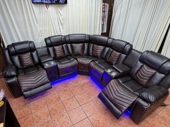 Power Reclining Sectional Sofa Two Tone Brown Leather With Bluetooth Speakers 
