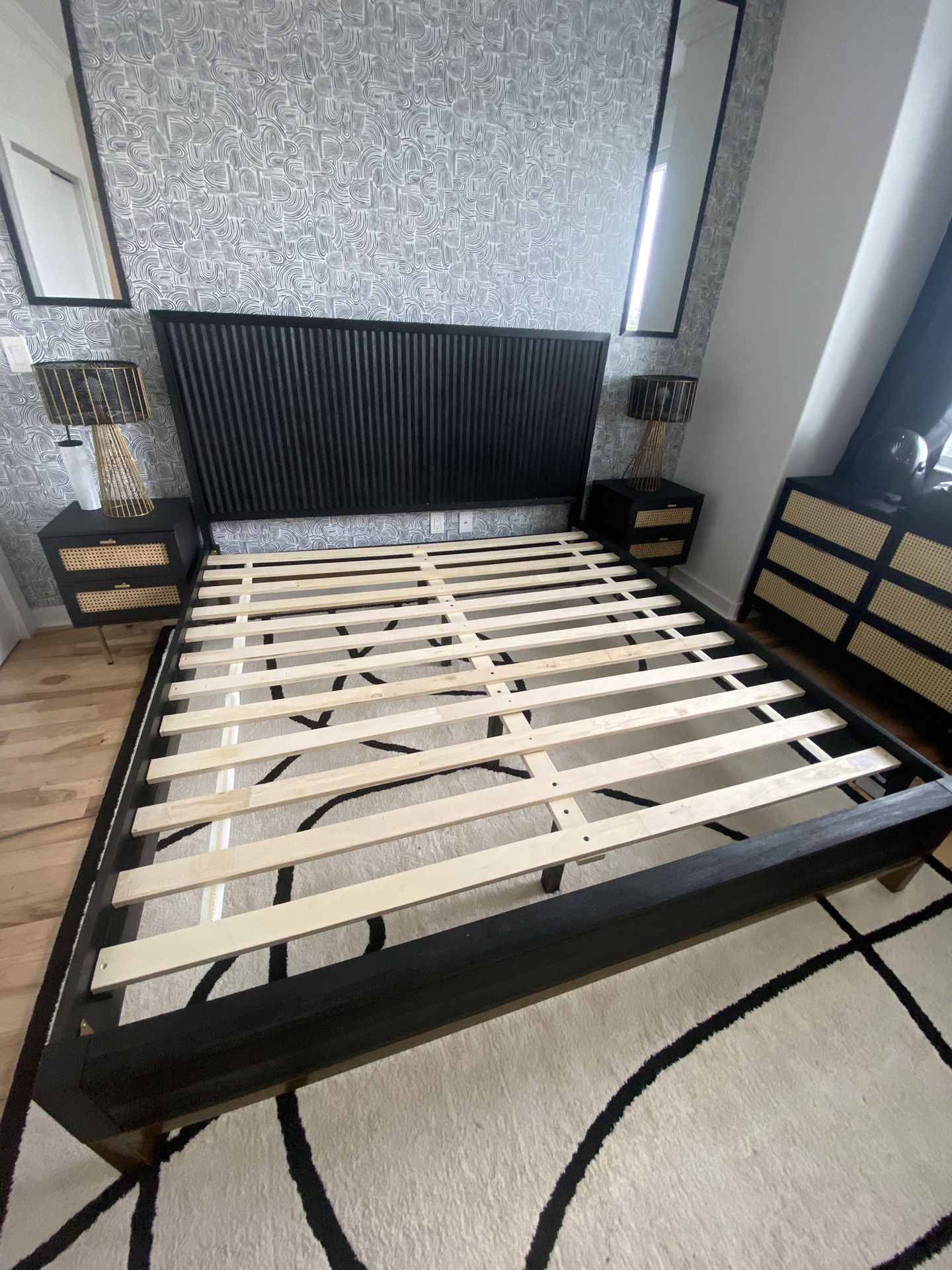 Irina King Black Gold Solid Wood Slatted Panel Headboard Low-Profile Platform Bed with Slat Base