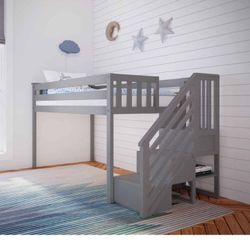 Max & Lily Low Loft Bed, Twin Bed Frame For Kids With Stairs, Grey