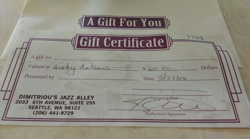 $60 dimitriou's jazz alley gift certificate