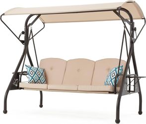 V401-800LBS Patio Swing with Canopy 3 Seat Outdoor Porch Swing with Stand w/Cup Holder & Pillow Glider Chair Swing Bed for Patio Backyard Poolside (Kh