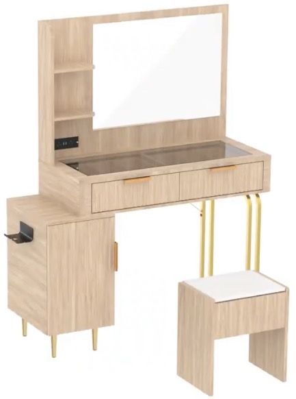 Wooden vanity multi light setting with storage and matching chair