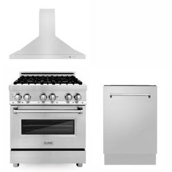 ZLINE 30 in. Kitchen Package with Stainless Steel Dual Fuel Range, Convertible Vent Range Hood and Tall Tub Dishwasher
