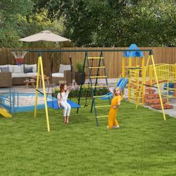 Metal Swing Set for Backyard 5 in 1 Design Holds up to 440 lbs. for Ages 3-8, Yellow