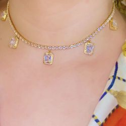 16” Inches Women’s Tennis Baguette Chain Choker 14K Gold Finished Layered Fashion Statement Very Famous and Popular 