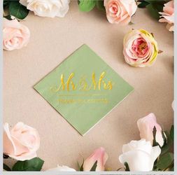 Sage Green Napkins Mr & Mrs Gold Cocktail Beverage Dessert Napkins for Engagement Party Decorations, Wedding Cake Table Decor Supplies 100 Pcs, 3-Ply