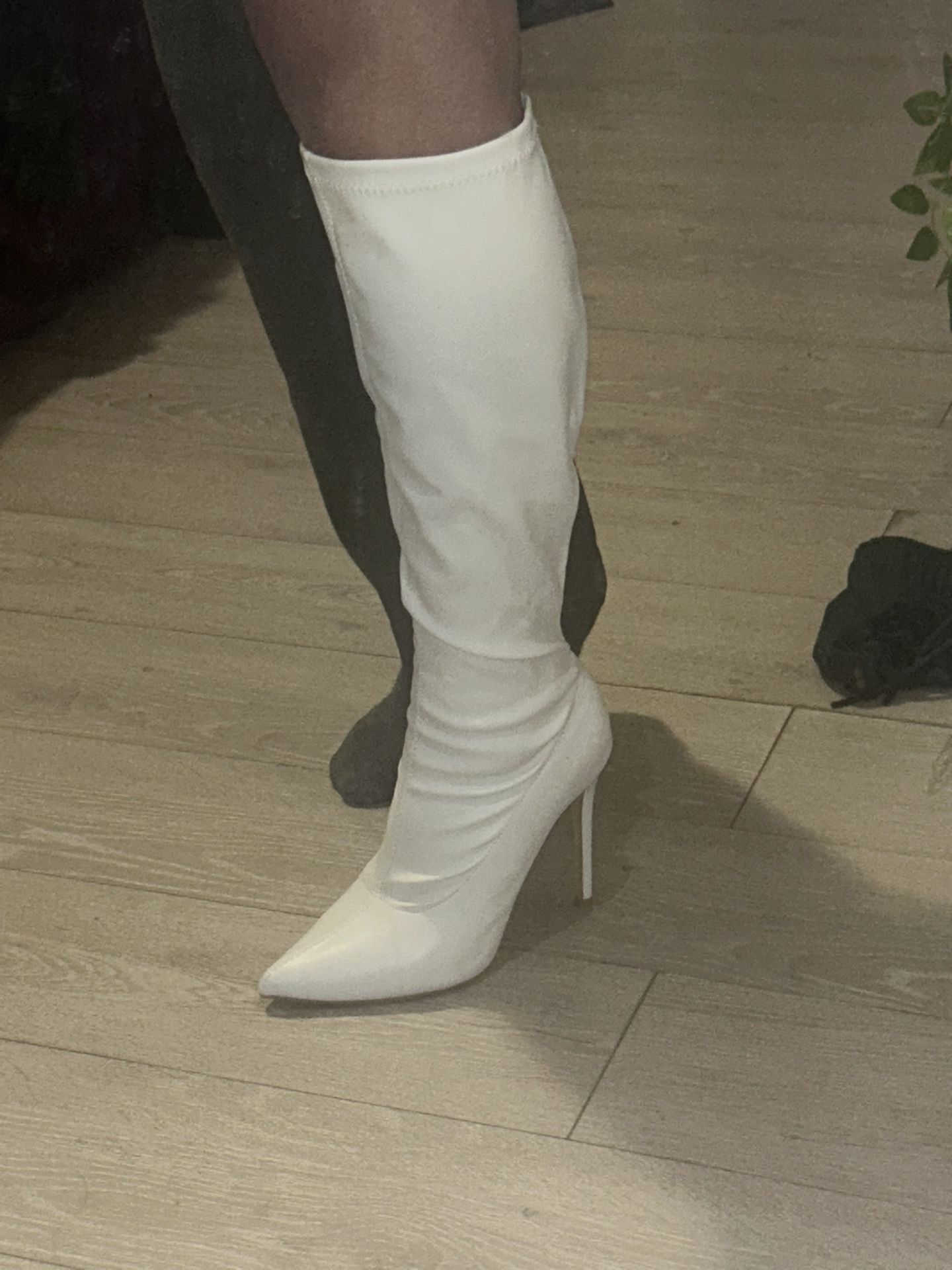 **Brand New White Stretch Knee High Boots