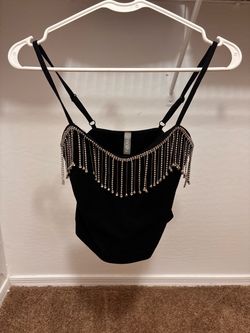 Black Rhinestone Fringe Crop Top