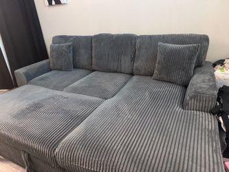 Gray Corduroy Sectional Sofa with Pull-Out Bed & Storage