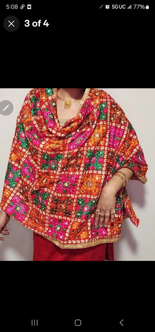 Bridal Bollywood Embroidered Silk Chiffon Phulkari dupatta scarf wrap shawl Multicolor 