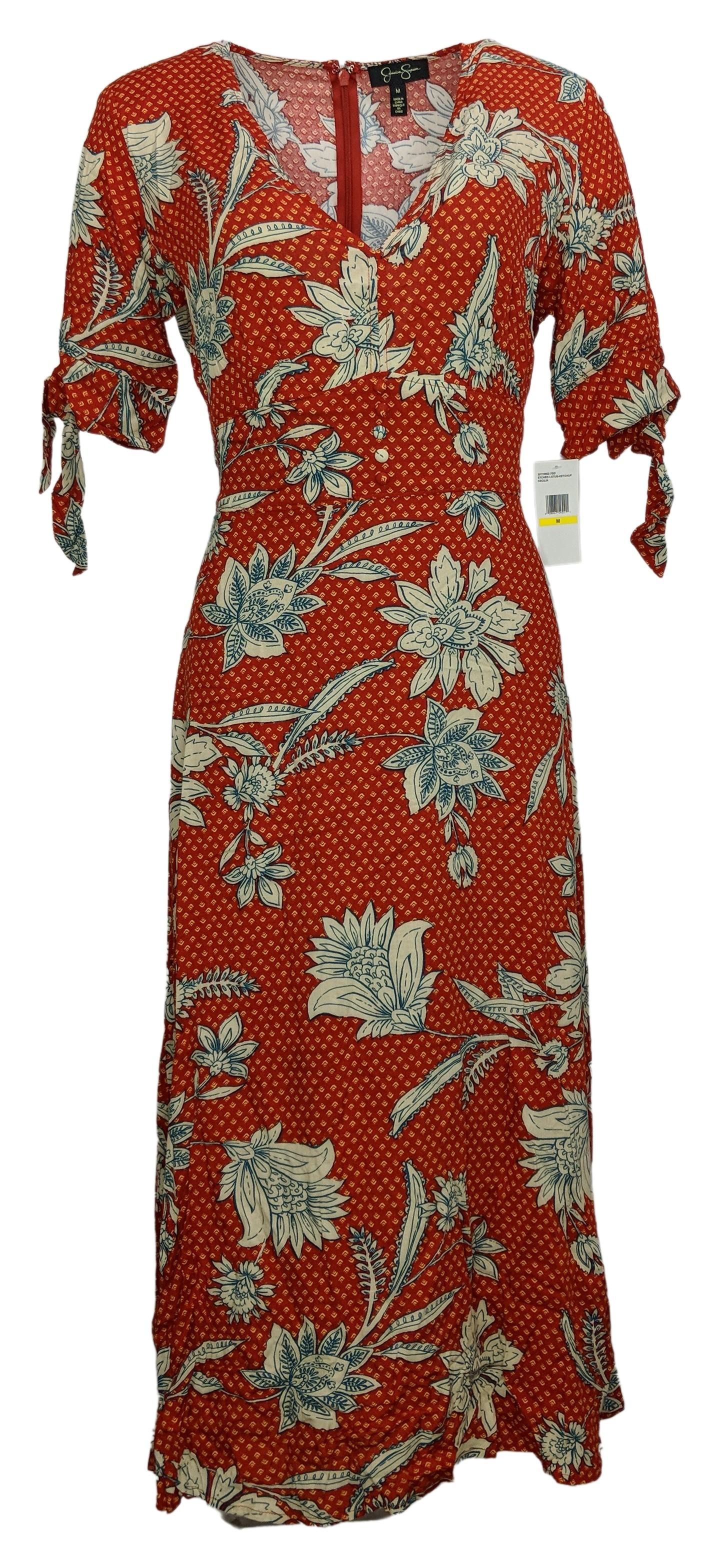 Jessica Simpson Dress Sz M Floral Print Ruffle Hem Midi Red 720702