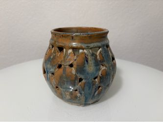 Handmade Pottery Vessel Pierced Design Signed