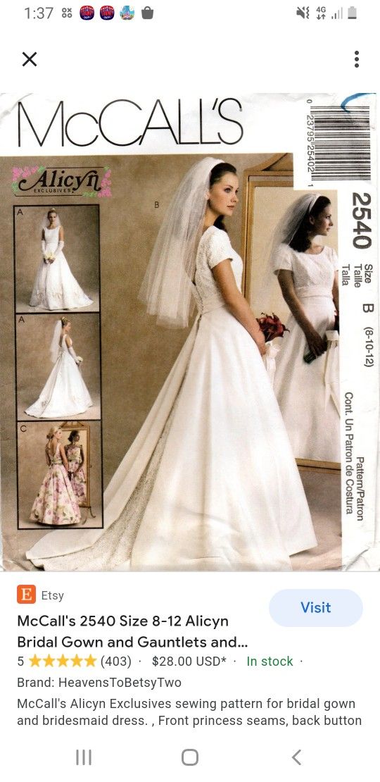McCall's 2540 Size 8-12 Alicyn Bridal Gown and Gauntlets and Bridesmaid Dress Pattern