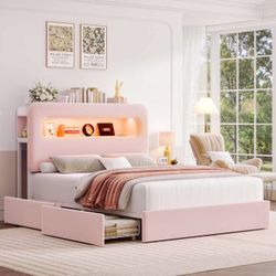 Full size  LED Bed Frame with Storage Headboard and Charging Station, with 4 Drawers , Pink J-21